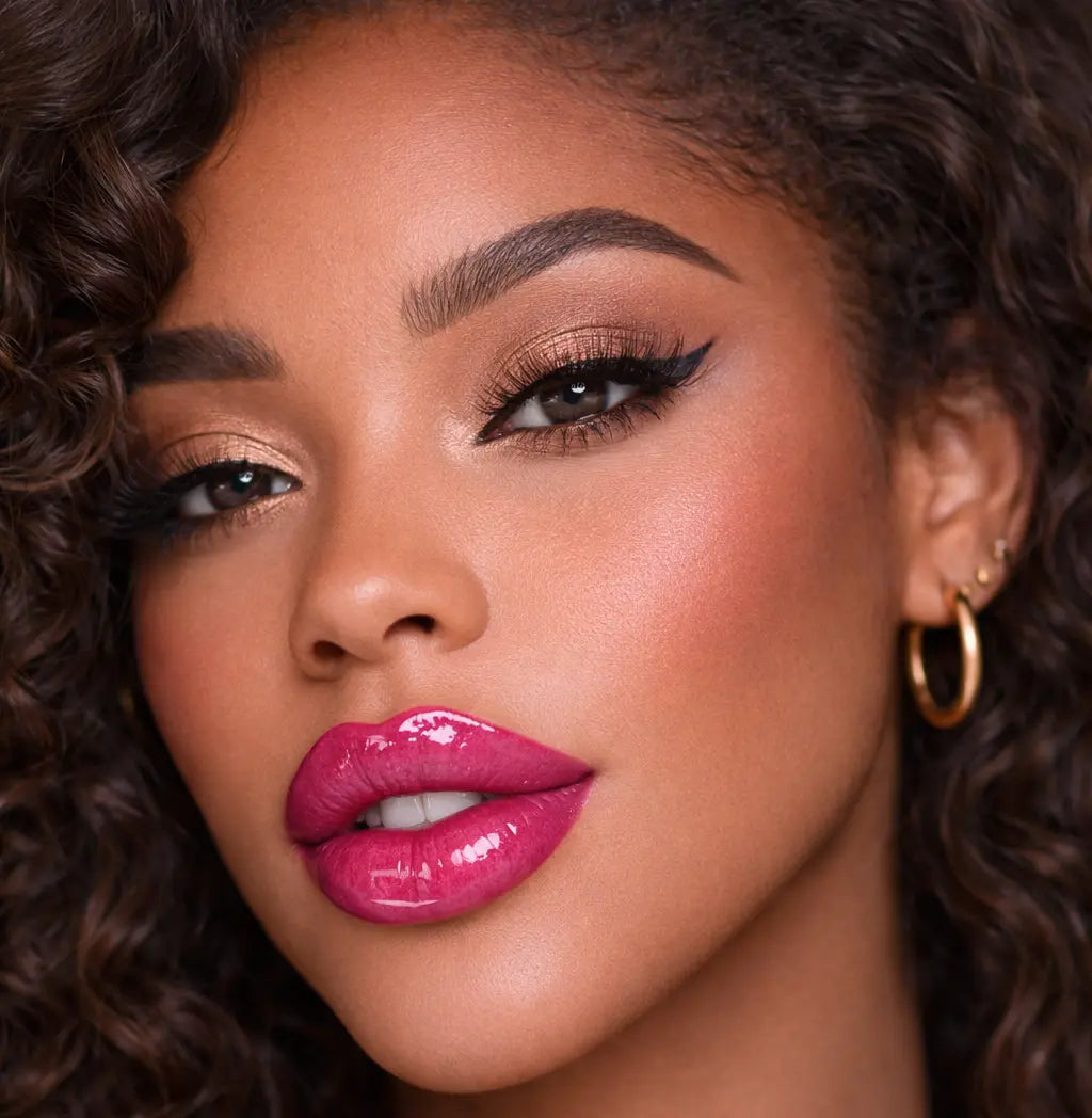 Close-up of a woman with curly hair wearing bright fuchsia lip gloss.