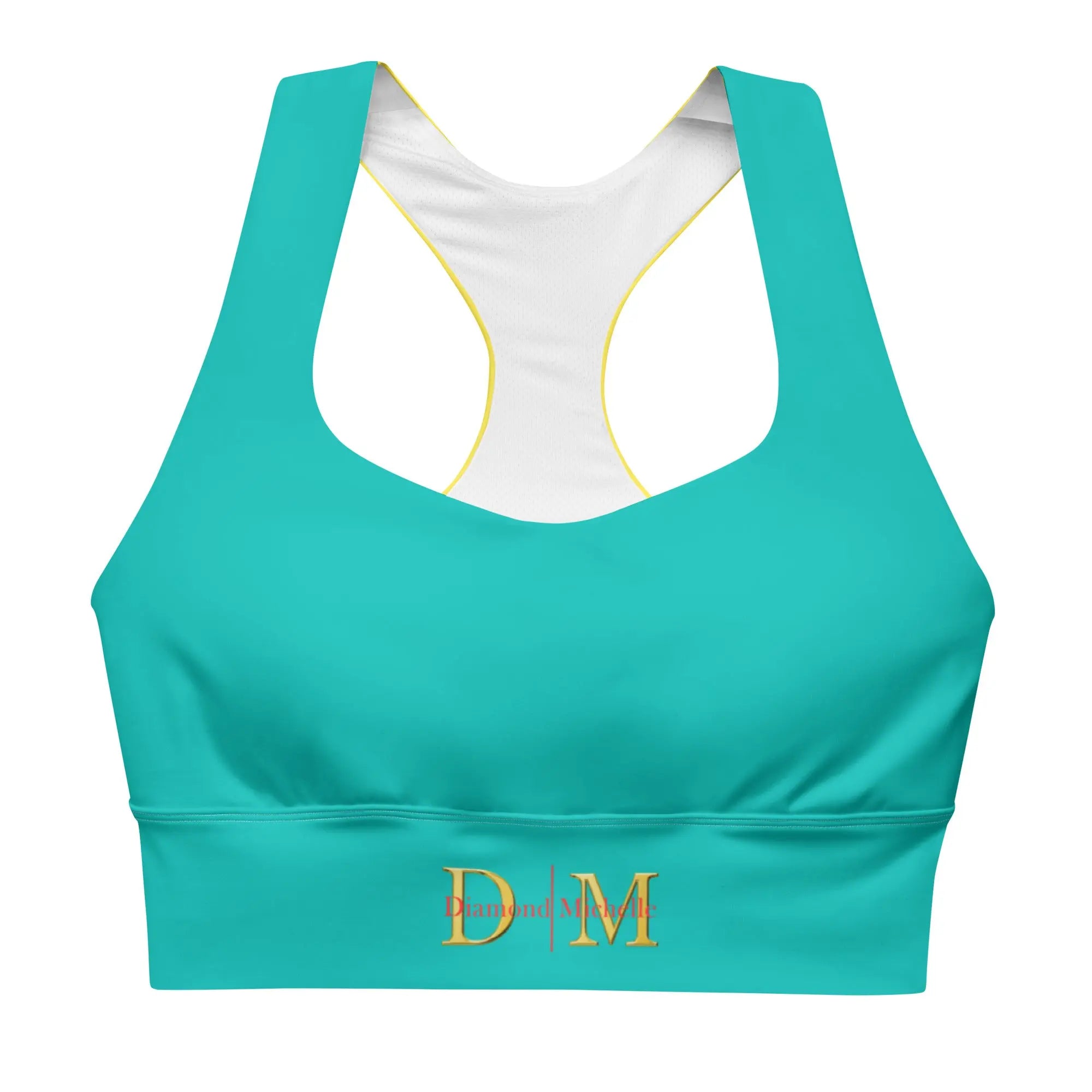 DM Teal & Yellow Recycled Sports Bra front view on a white background