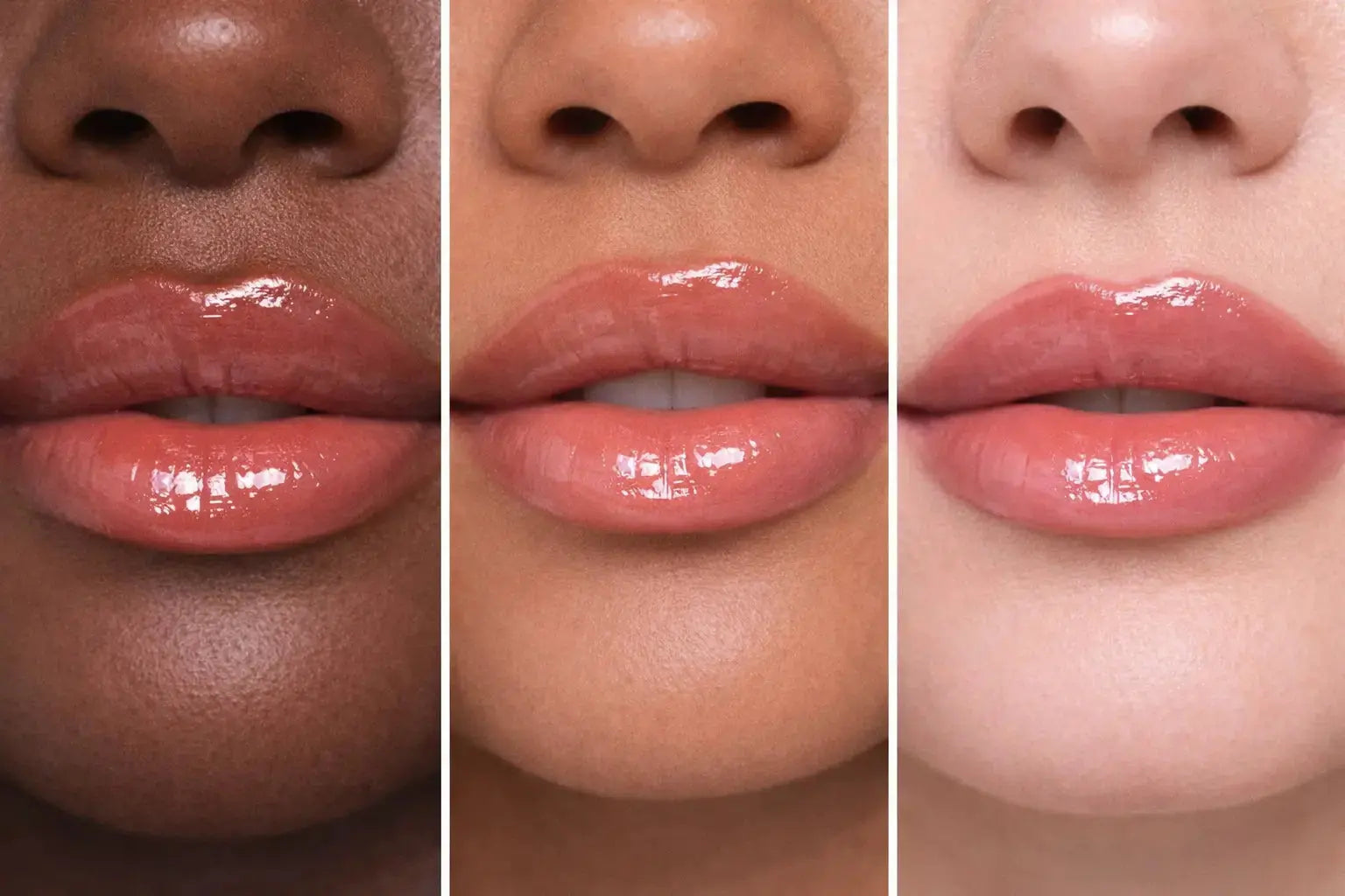 Three close-up views of lips with different skin tones wearing Diamond Glow Hydrating Lip Oil - Honey Glaze