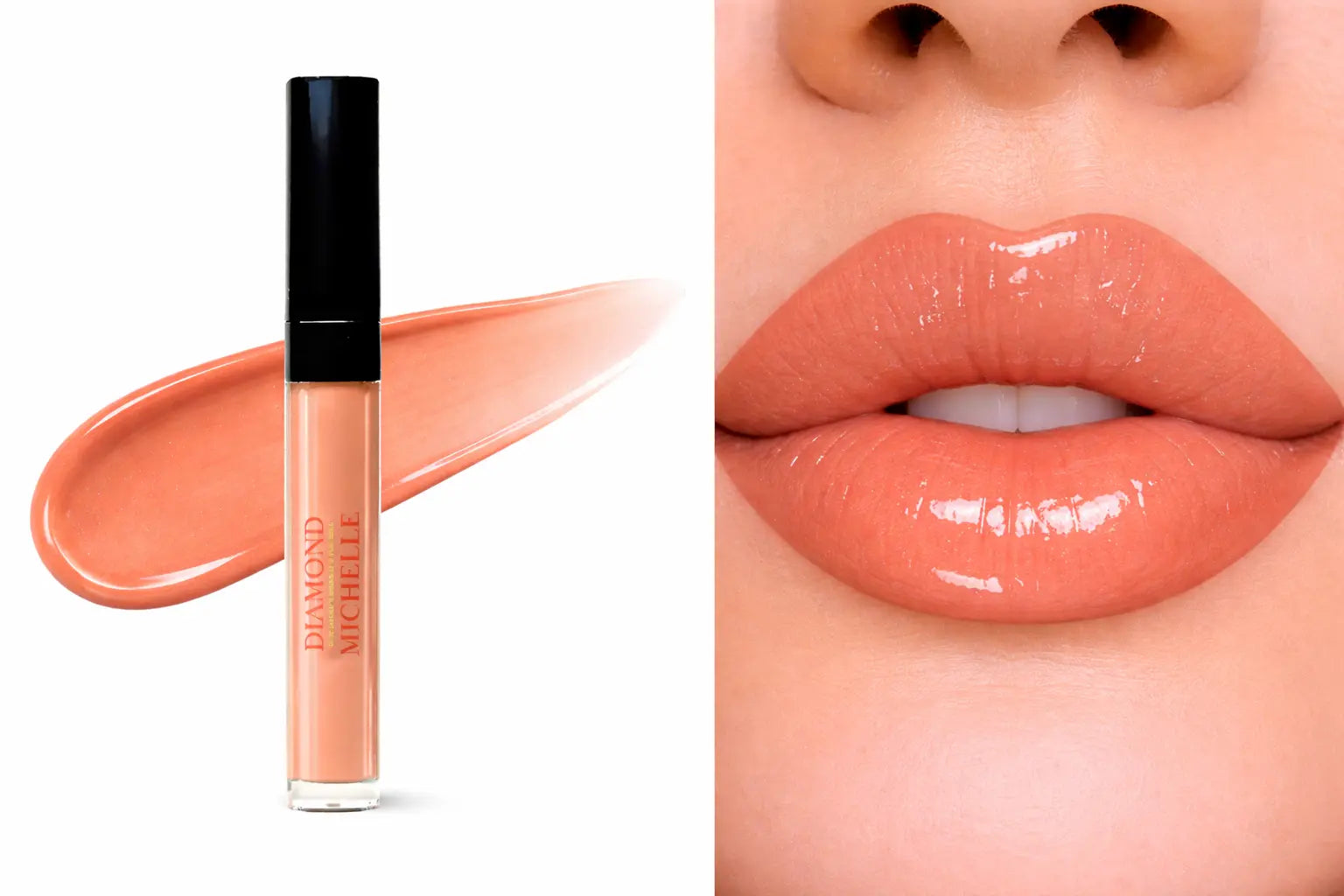 Diamond glow honey glaze lip oil with applicator and close-up of lips wearing the product