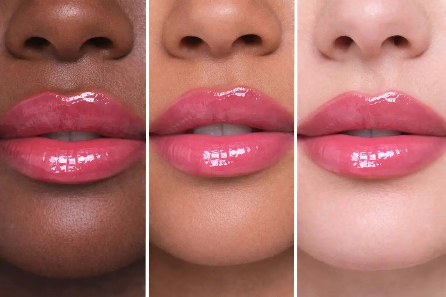 Three close-up views of lips wearing Diamond Glow Lip Oil - Party Cake on different skin tones.