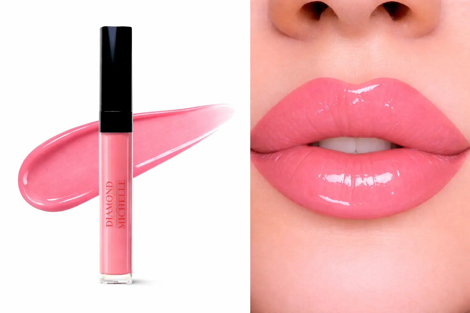 Pink lip oil with applicator and close-up of lips wearing the product on a white background