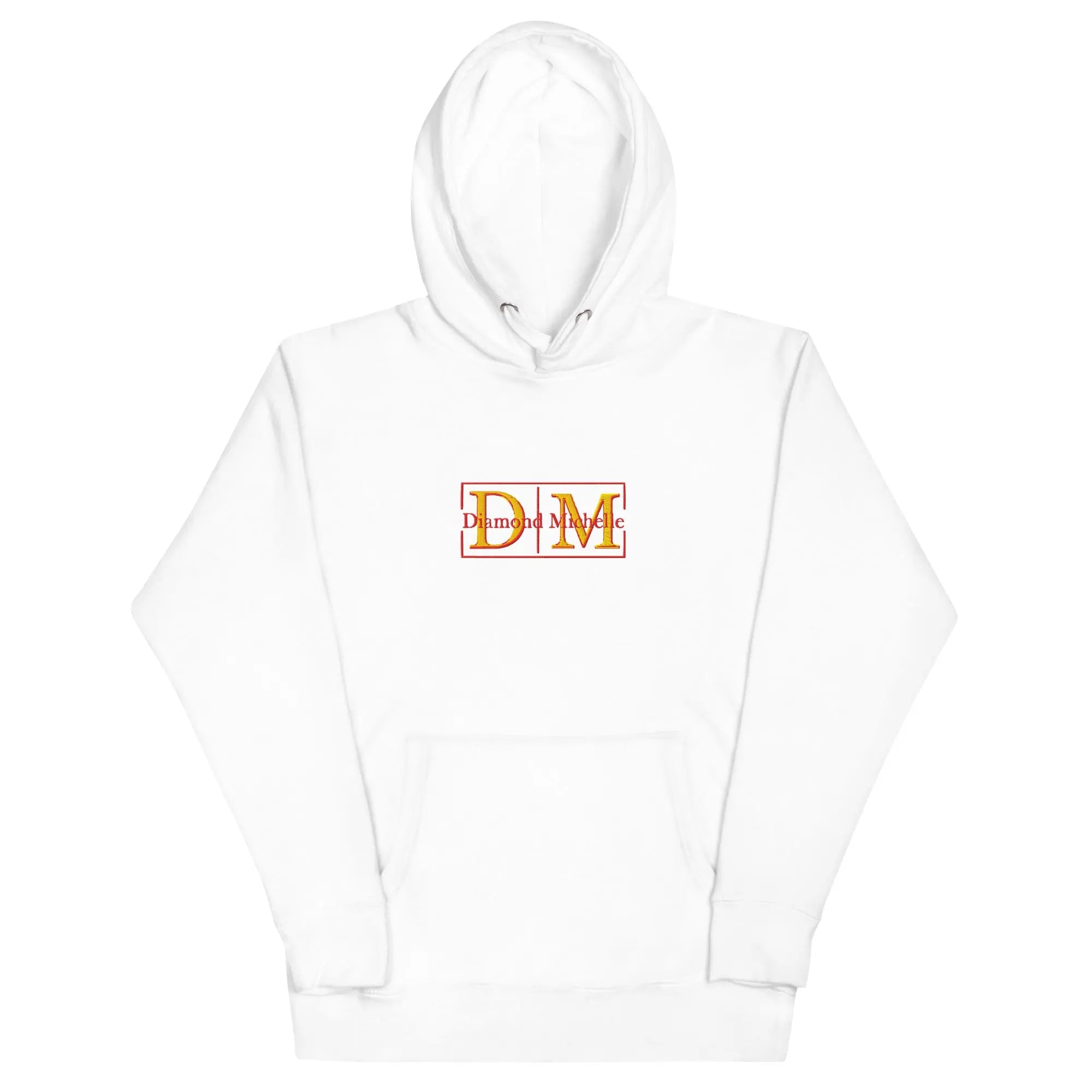 White unisex luxury pullover hoodie with structured silhouette by Diamond Michelle
