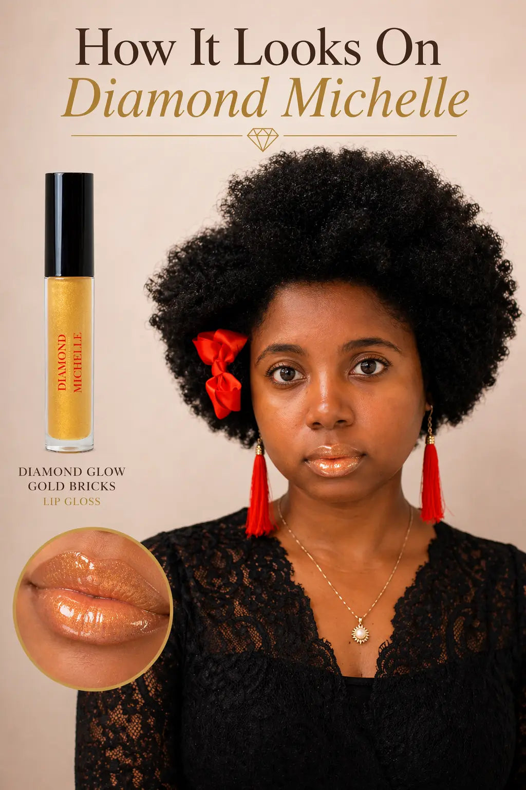 A photo showing how Diamond Michelle looks wearing her diamond glow gold bricks lip gloss with product packaging and close-up of lips on a beige background.