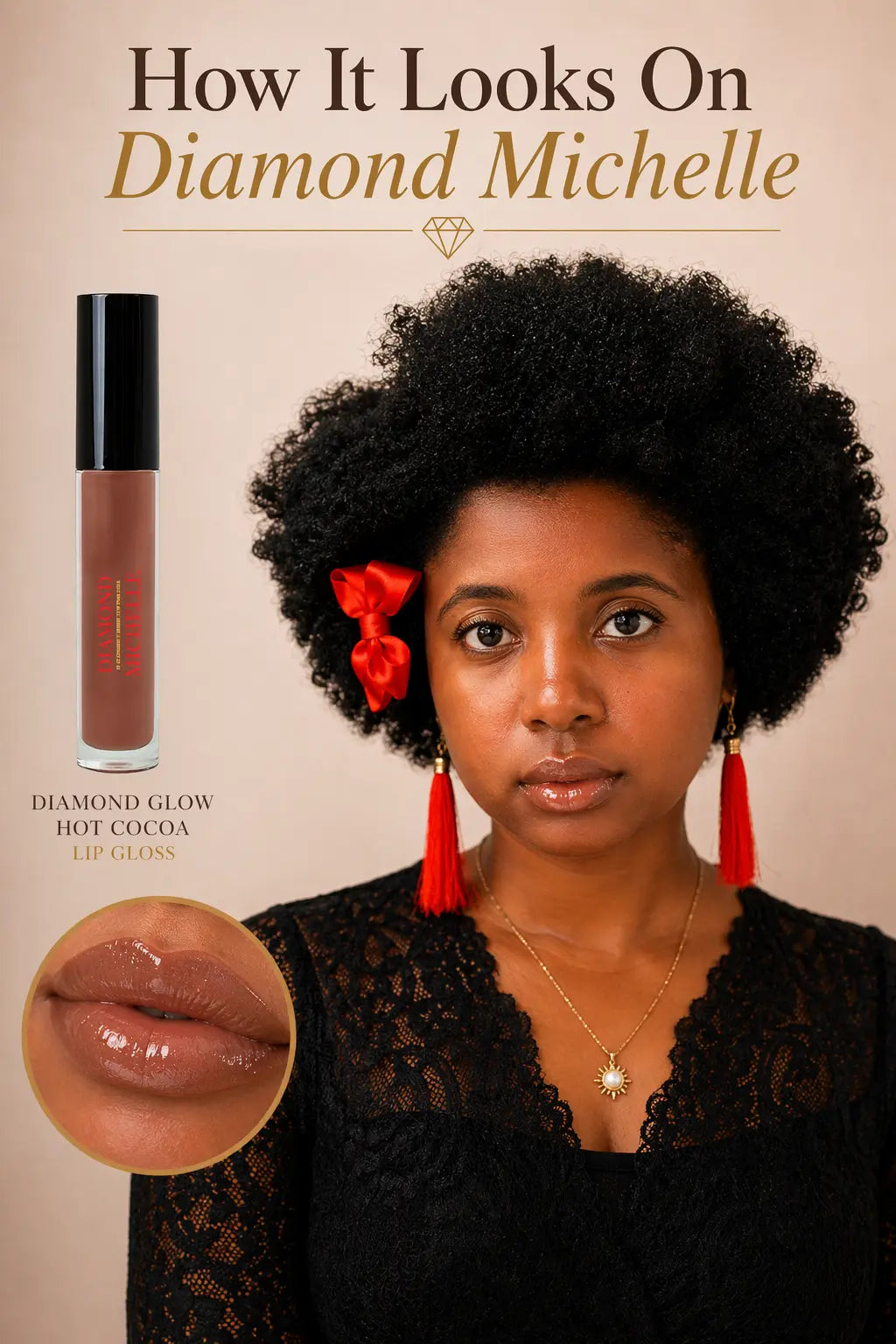 A photo showing how Diamond Michelle looks wearing her diamond glow hot cocoa lip gloss with product packaging and close-up of lips on a beige background.