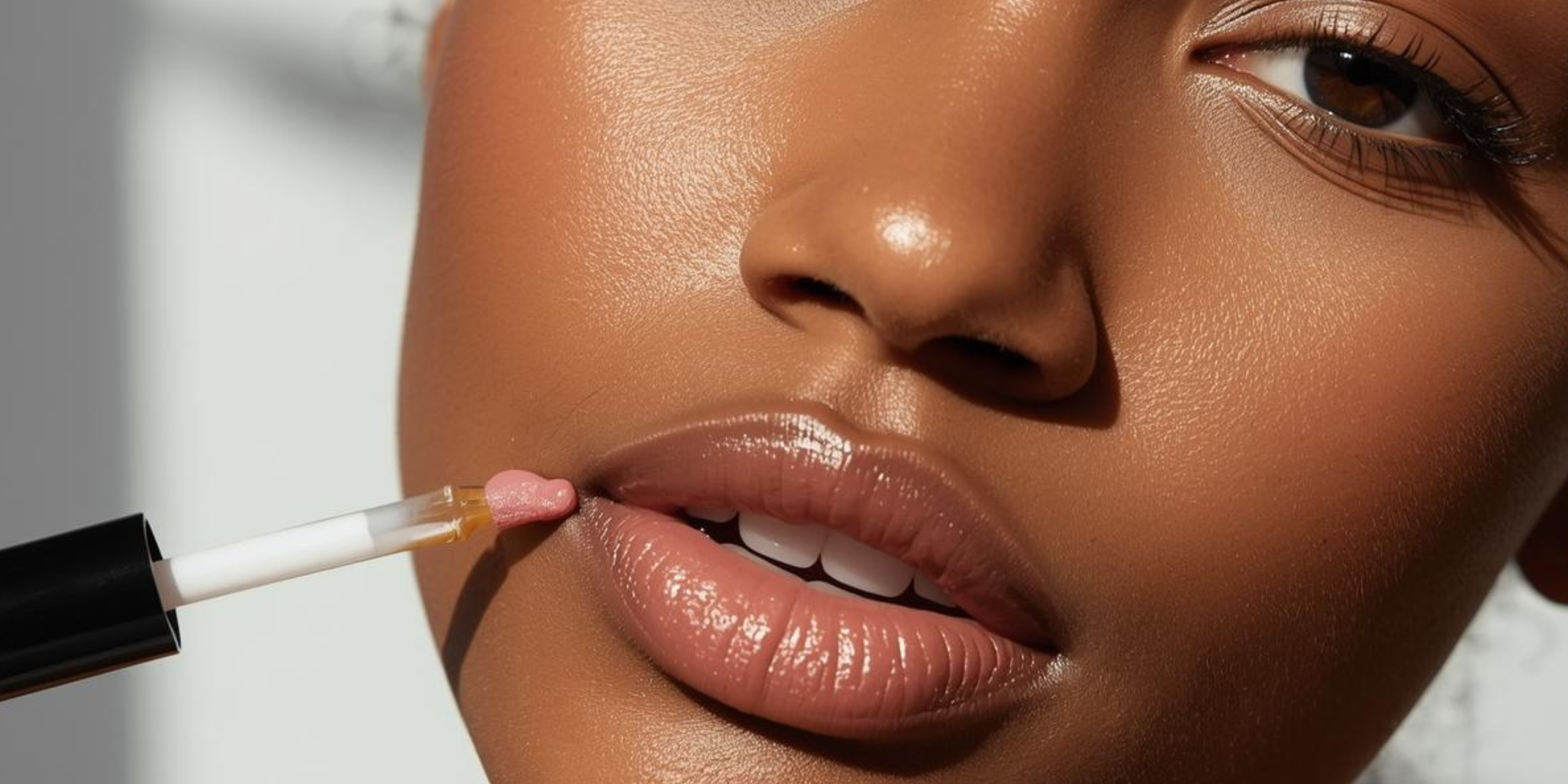 Close-up of a person applying lip oil with a lip brush applicator