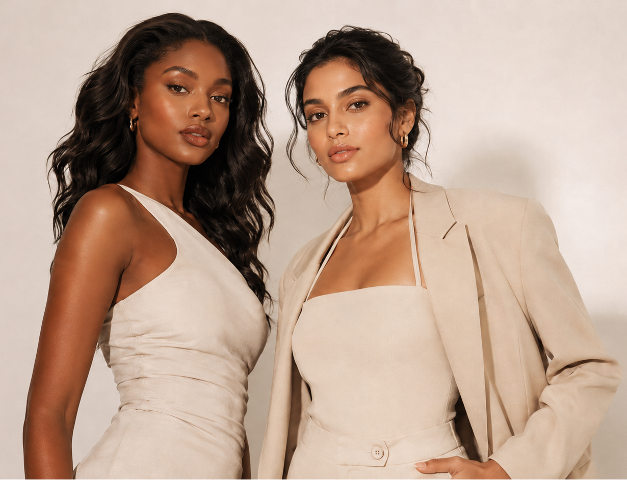 Two women in formal attire standing side by side against a plain background