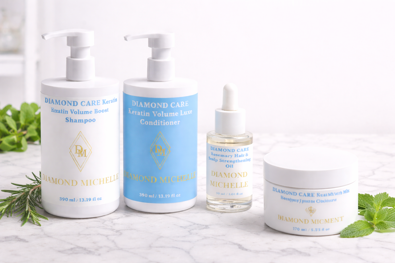Collection of Diamond Care hair care products on a white surface with greenery.