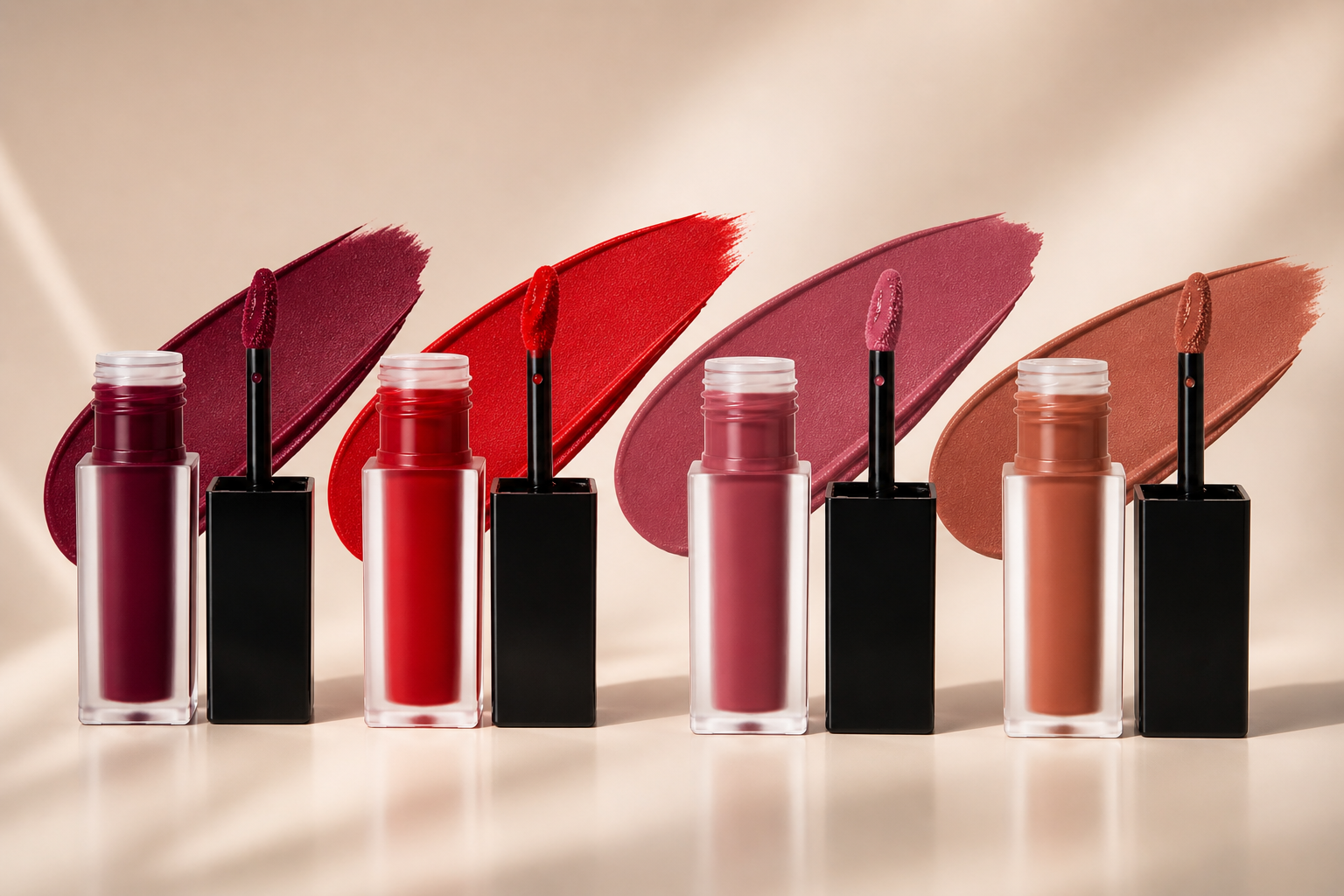 Set of lip stains with applicators on a beige background