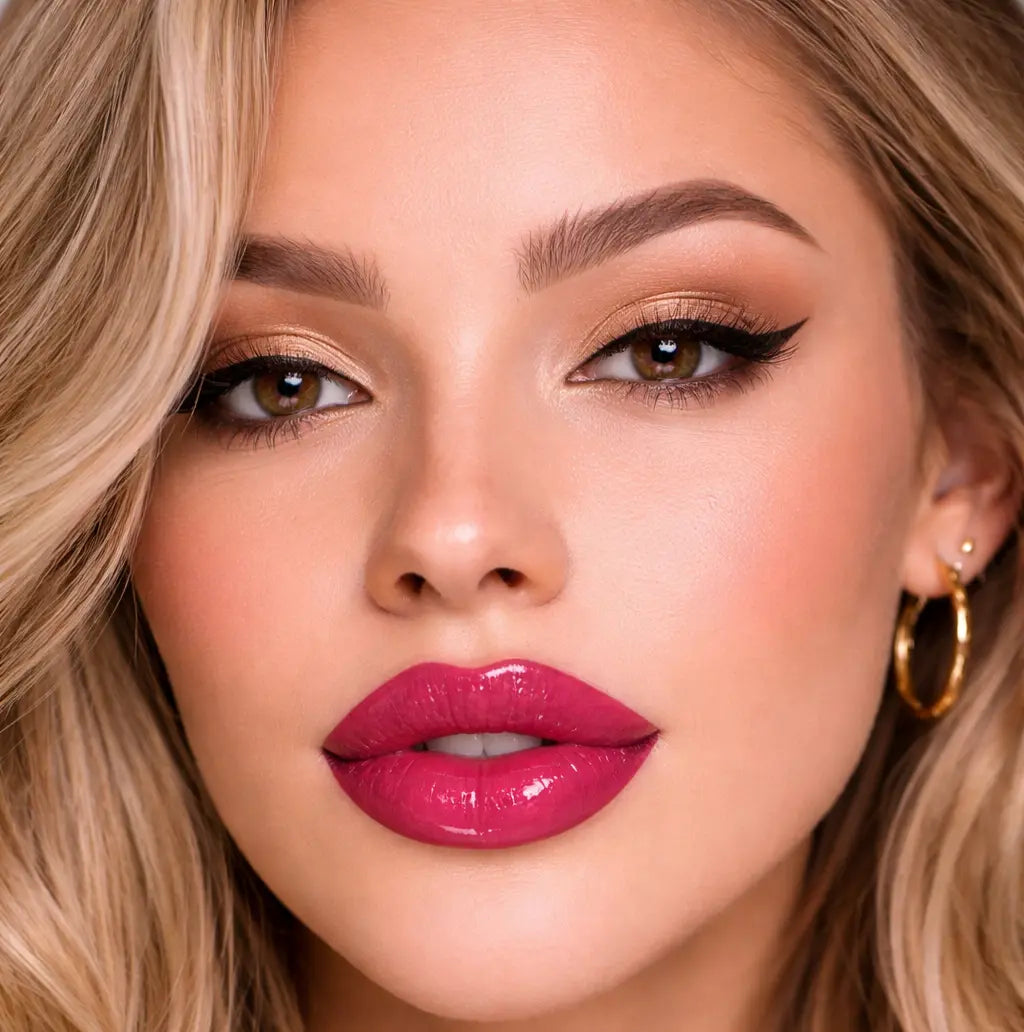 Close-up of a woman wearing diamond glow huckleberry pie lip oil and blonde hair.