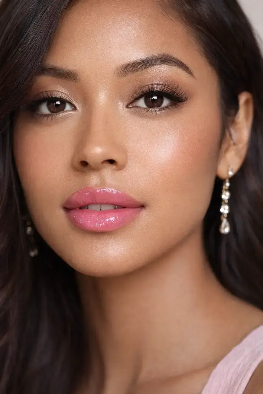 Woman wearing earrings with text 'Diamond Michelle Diamond Glow Lip Oil - Party Cake' on a neutral background