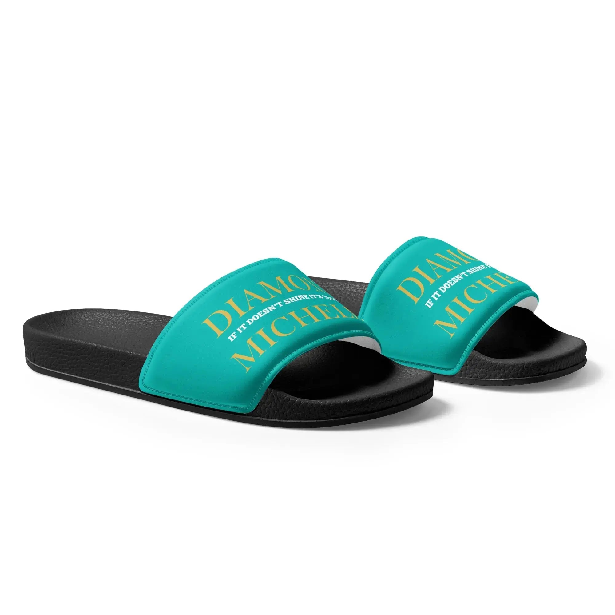 Women’s luxury slide sandals in black and iris blue by Diamond Michelle (right front view)