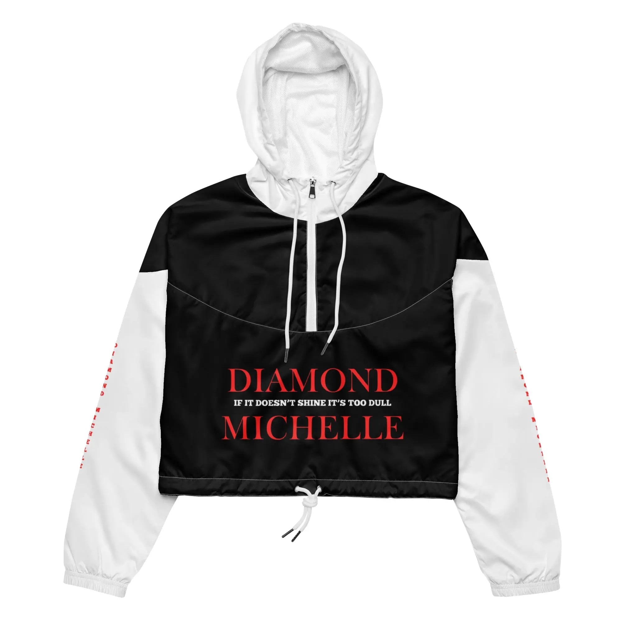 Women’s black and white luxury waterproof windbreaker jacket with white drawstrings by Diamond Michelle