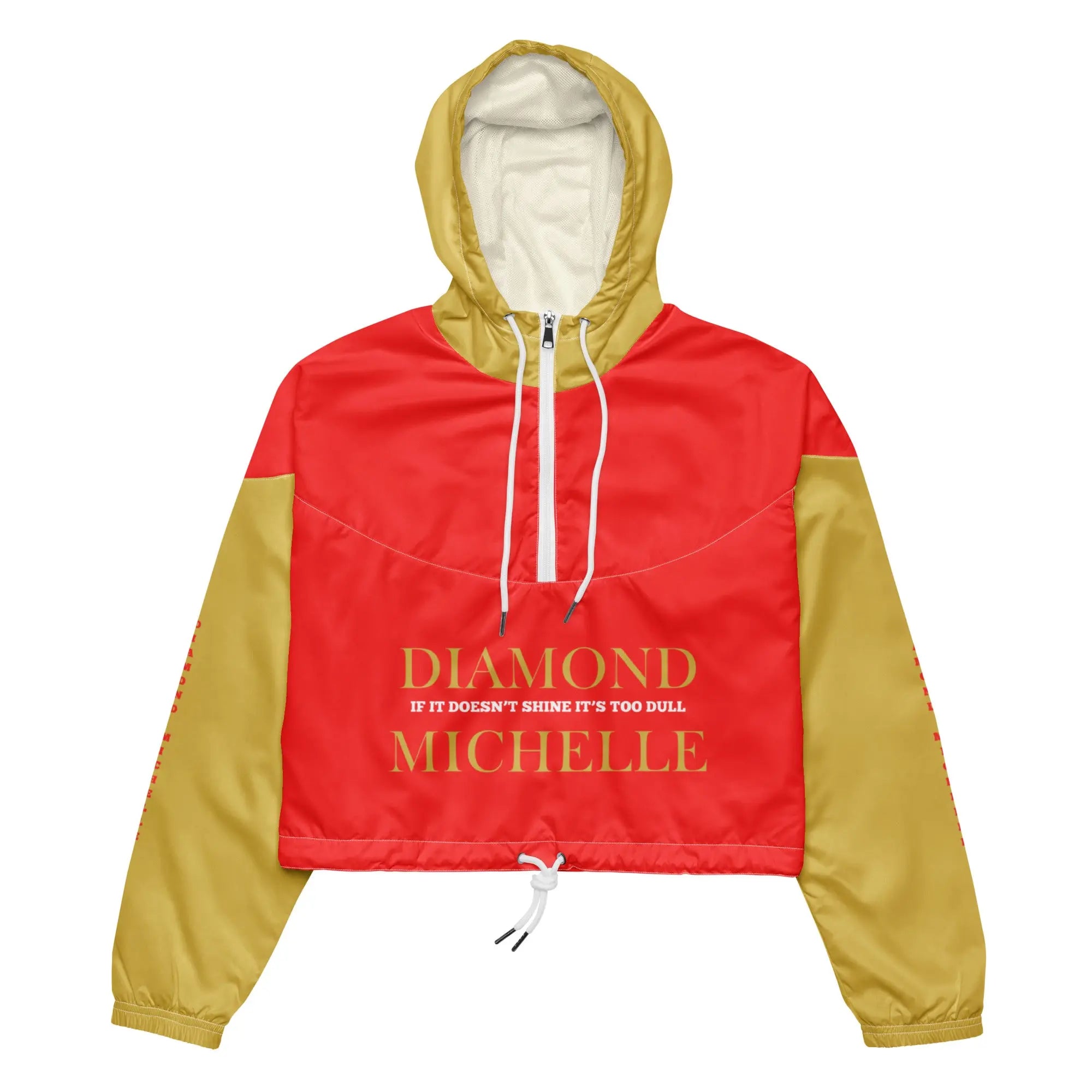 Women’s red and gold luxury waterproof windbreaker jacket with white drawstrings by Diamond Michelle