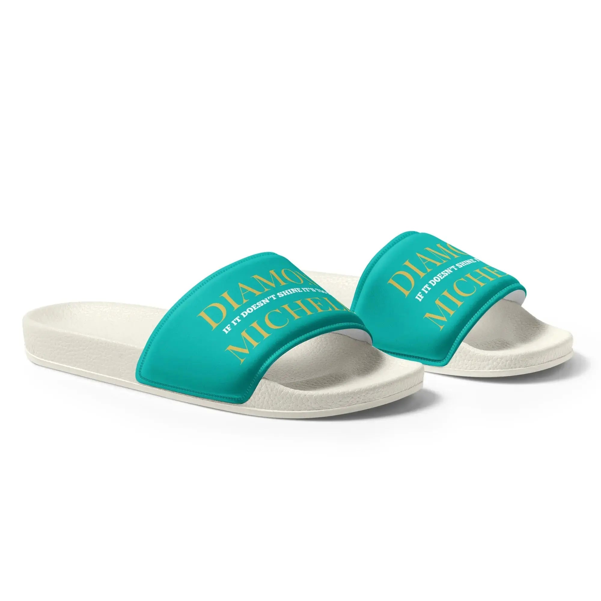 Women’s luxury slide sandals in white and iris blue by Diamond Michelle (right front view)