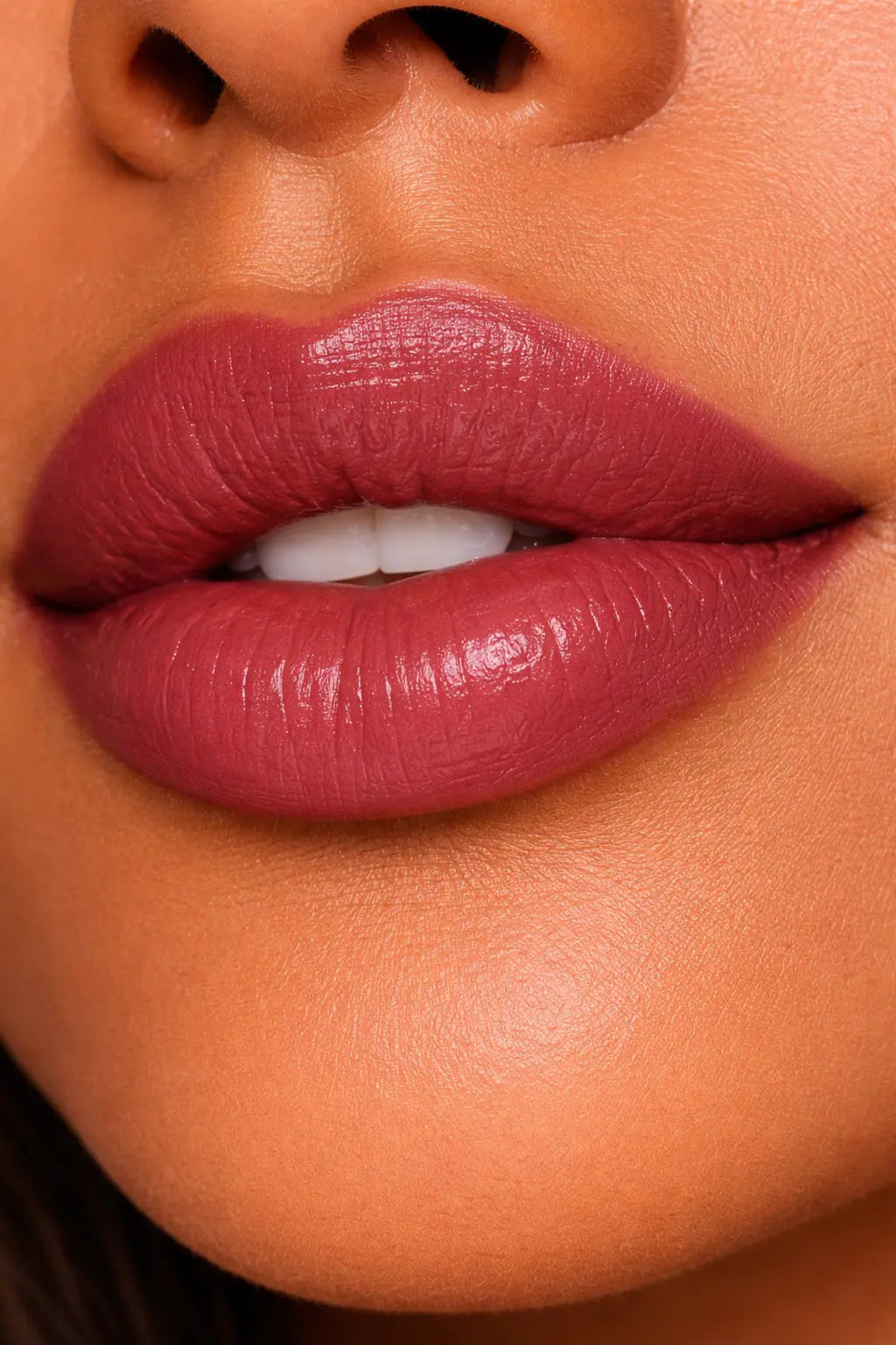 dm luxury matte lipstick cranapple pie shade on lips