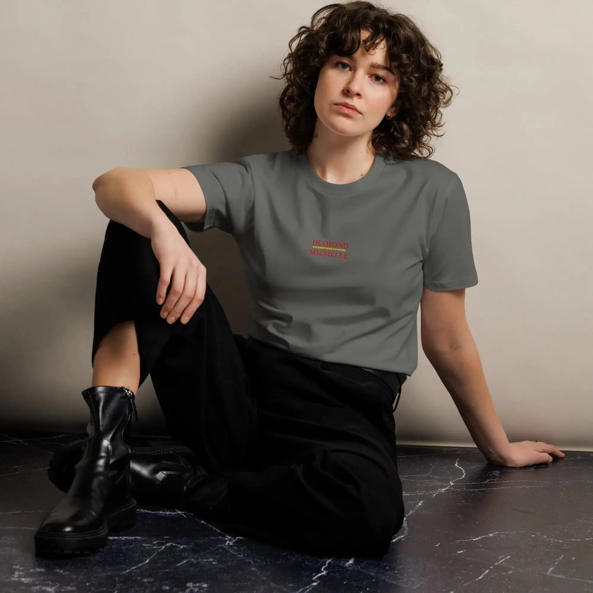 Diamond Michelle Unisex Premium T-Shirt Charcoal (Front View with Woman)