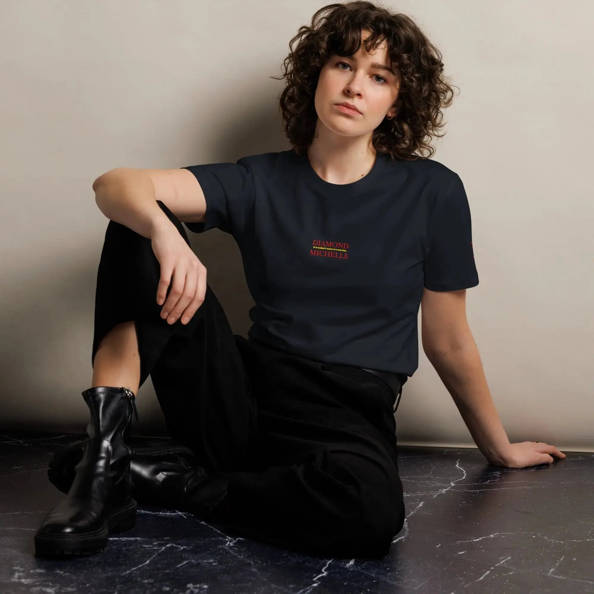 Diamond Michelle Unisex Premium T-Shirt Navy (Front View with Woman)