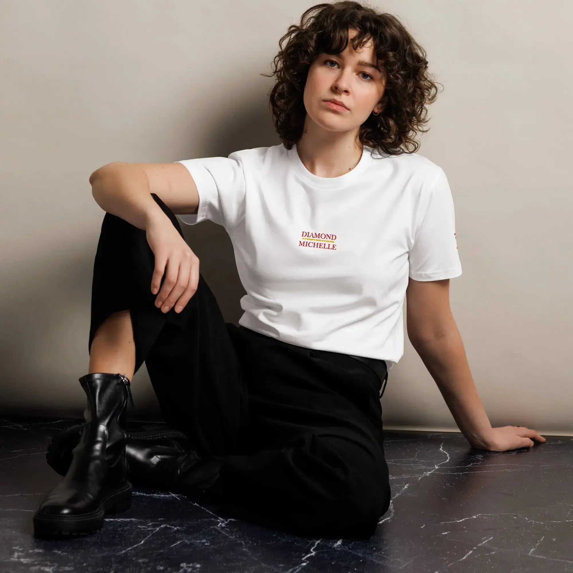 Diamond Michelle Unisex Premium T-Shirt White (Front View with Woman)