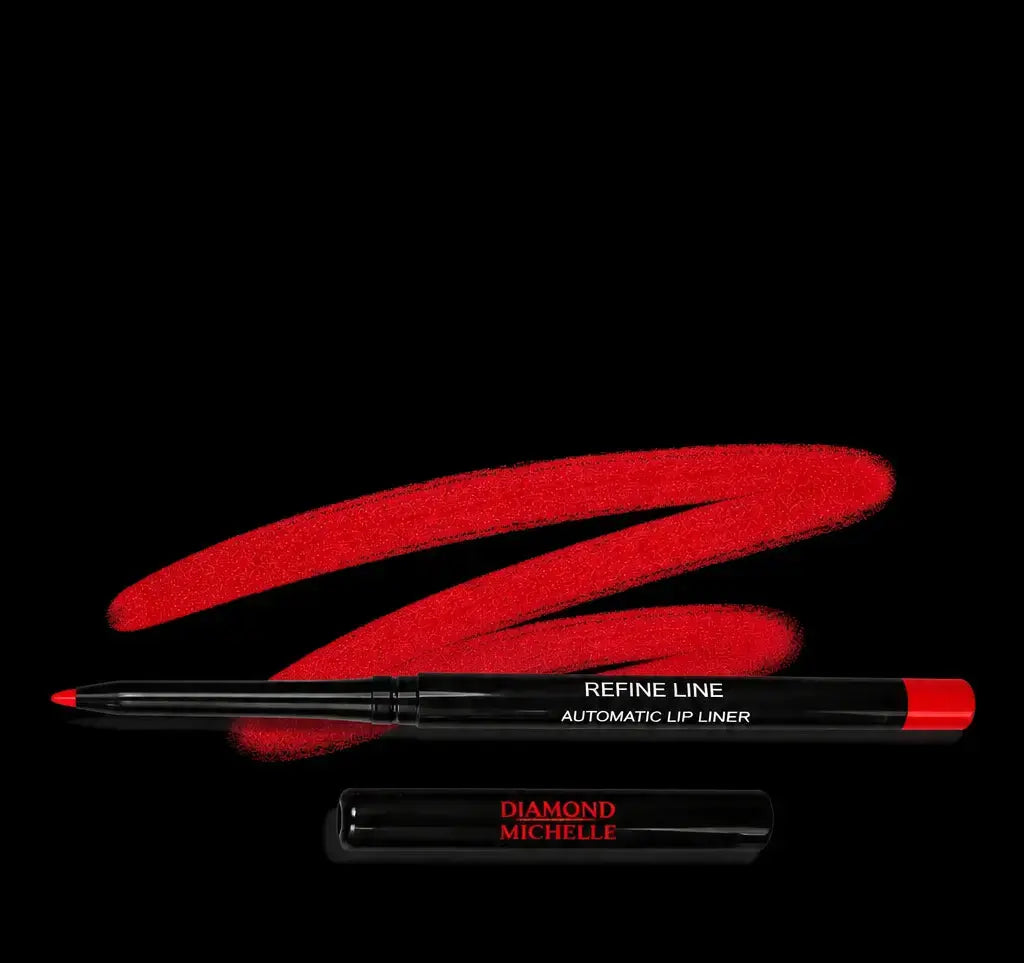 Red eyeliner pencil with smudge strokes on a black background, featuring the brand Diamond Michelle.