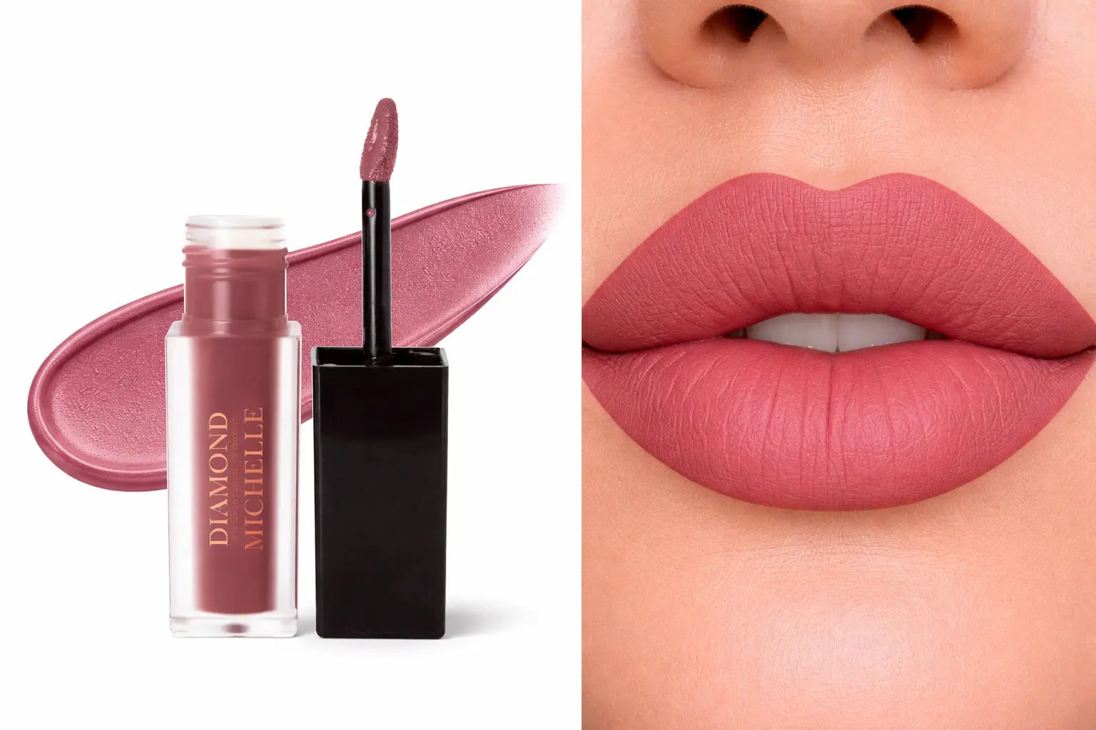 Diamond Michelle matte blackberry cheesecake long lasting lipstain with applicator and close-up of lips wearing the color