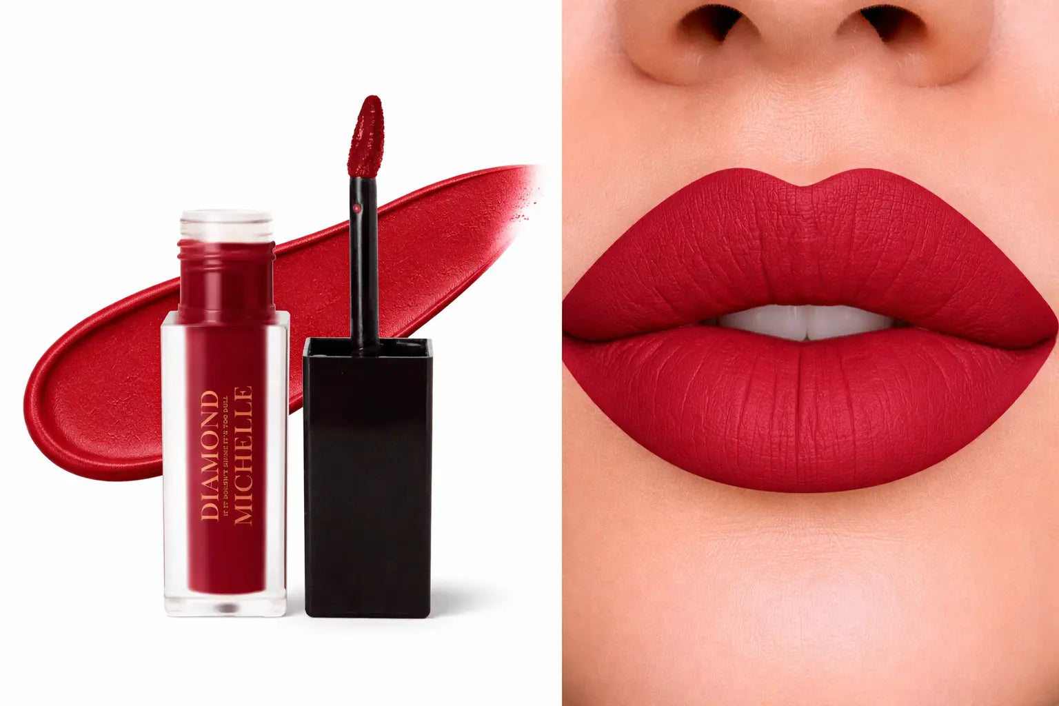 Diamond Michelle matte raspberry twist cake long lasting lip stain with applicator and close-up of lips wearing the color