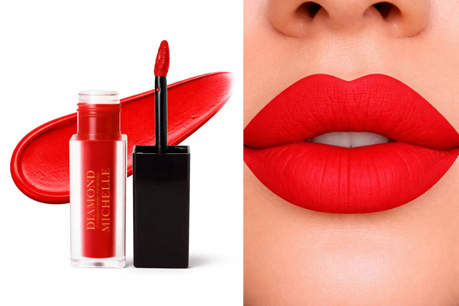Diamond Michelle matte red velvet cake long lasting lipstain with applicator and close-up of lips wearing the color
