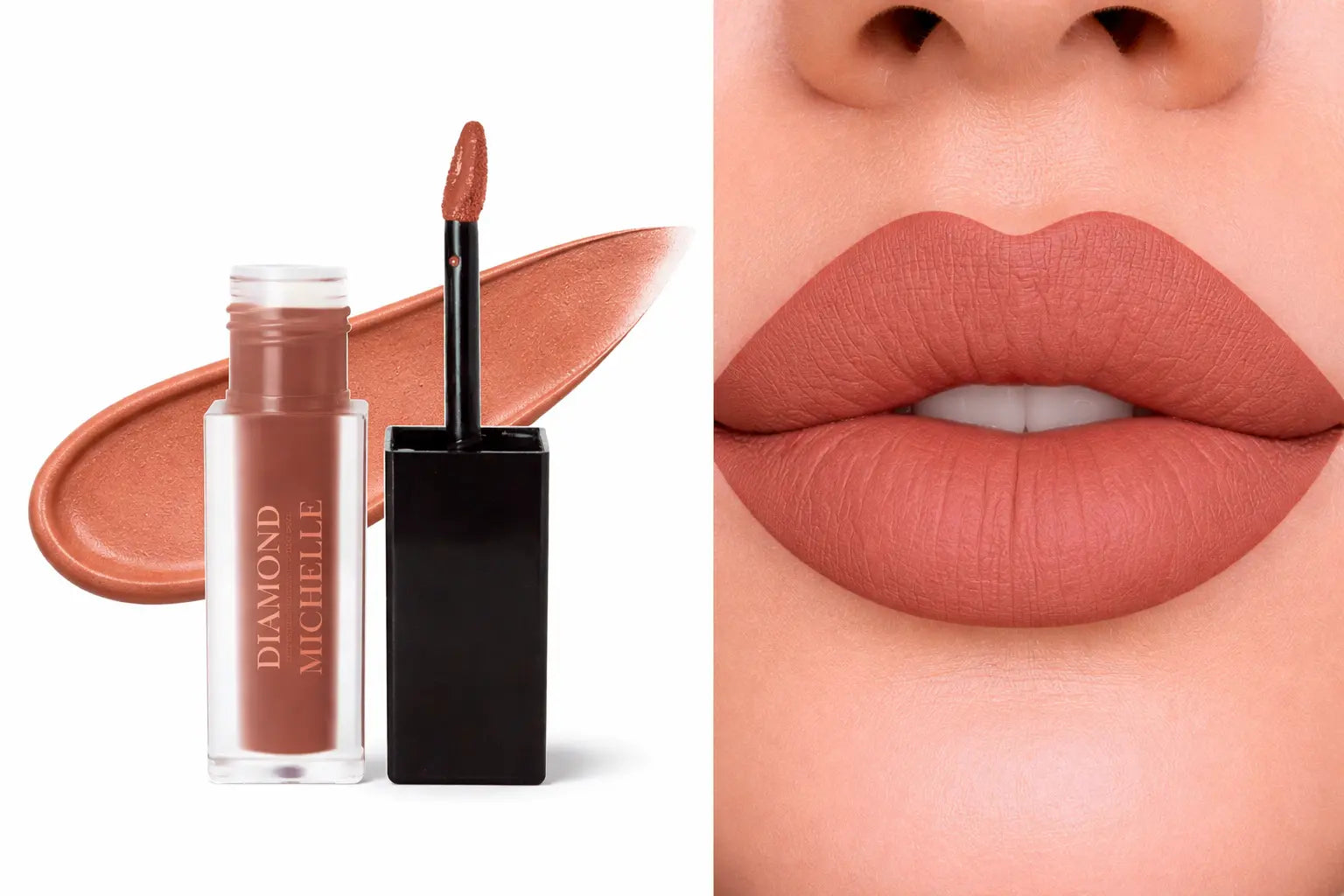 Diamond Michelle matte smores cake long lasting lipstain with applicator and close-up of lips wearing the color