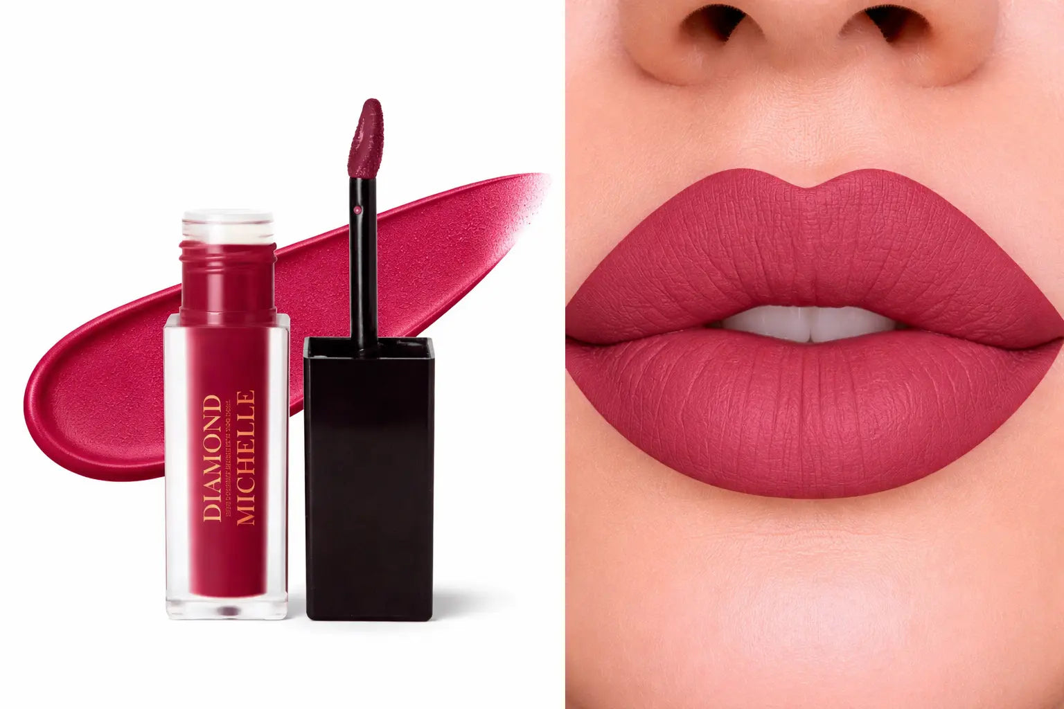Diamond Michelle matte spice cake long lasting lip stain with applicator and close-up of lips wearing the color