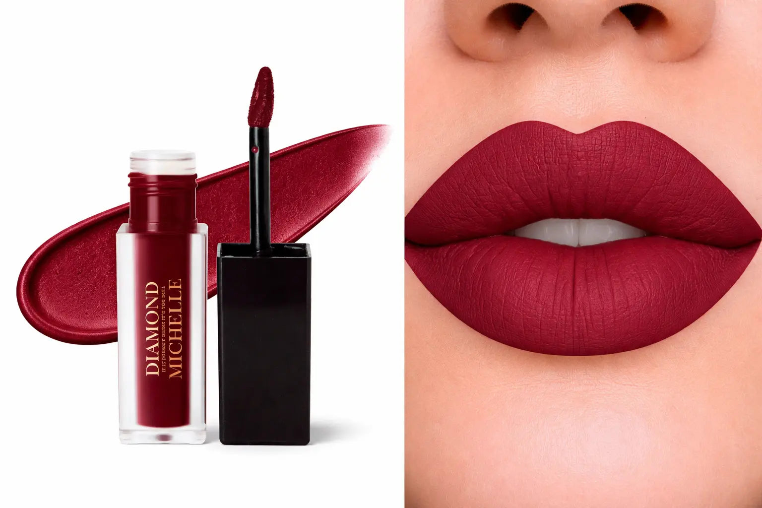 Diamond Michelle matte triple berry poke cake long lasting lipstain with applicator and close-up of lips wearing the color
