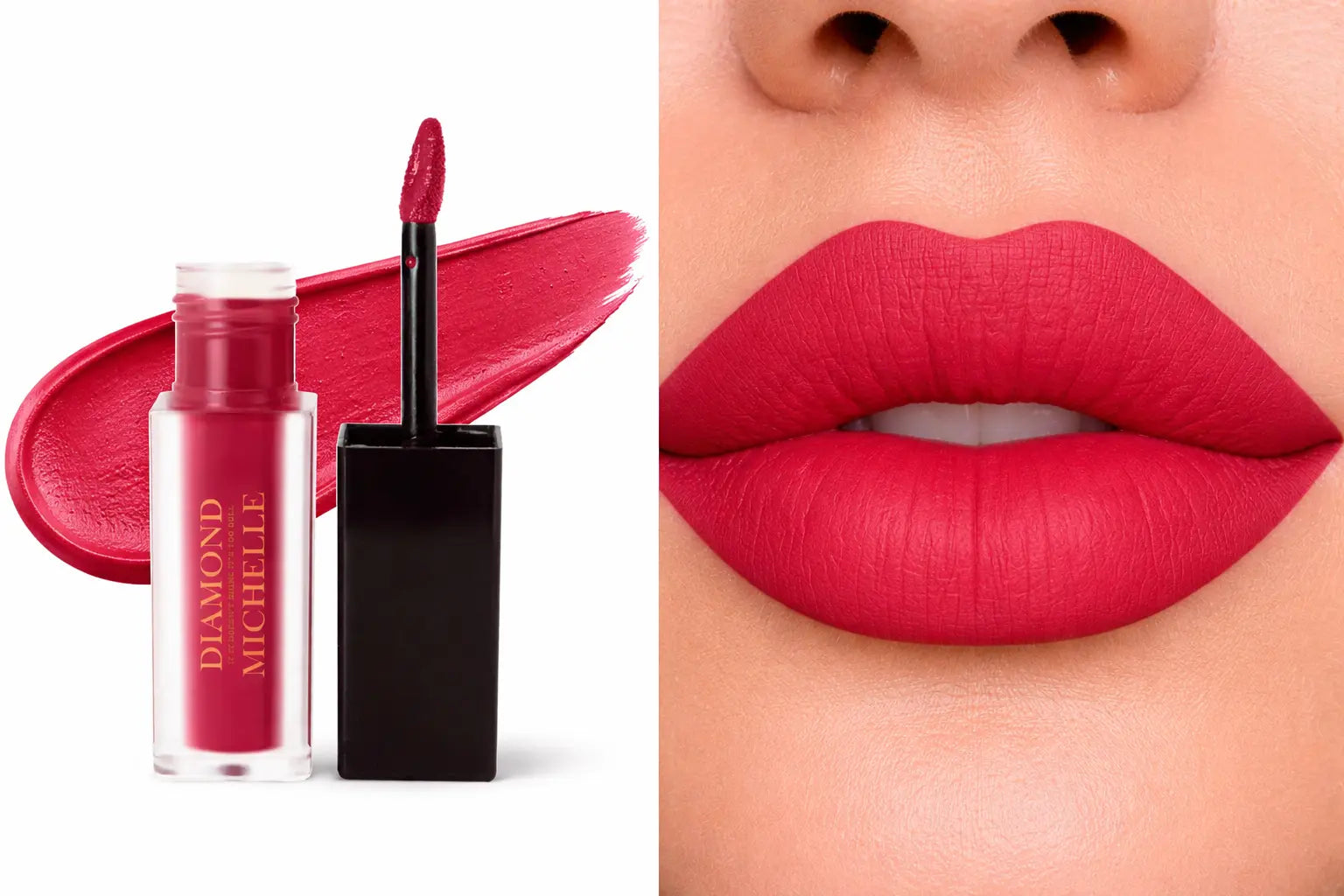 Diamond Michelle matte very berry cheesecake long lasting lipstain with applicator and close-up of lips wearing the color