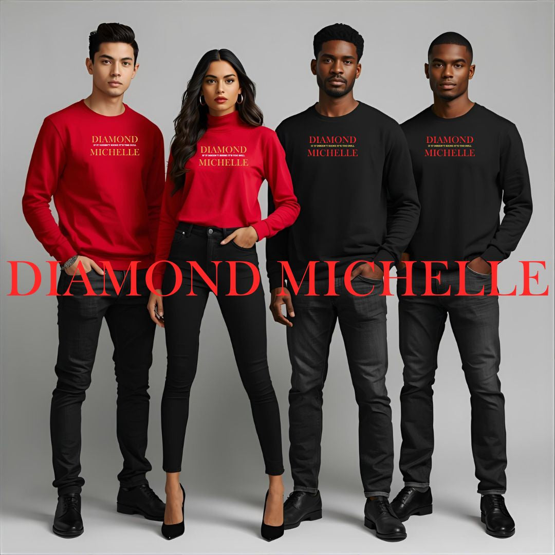 Three men and one woman wearing luxury streetwear from the brand DIAMOND MICHELLE