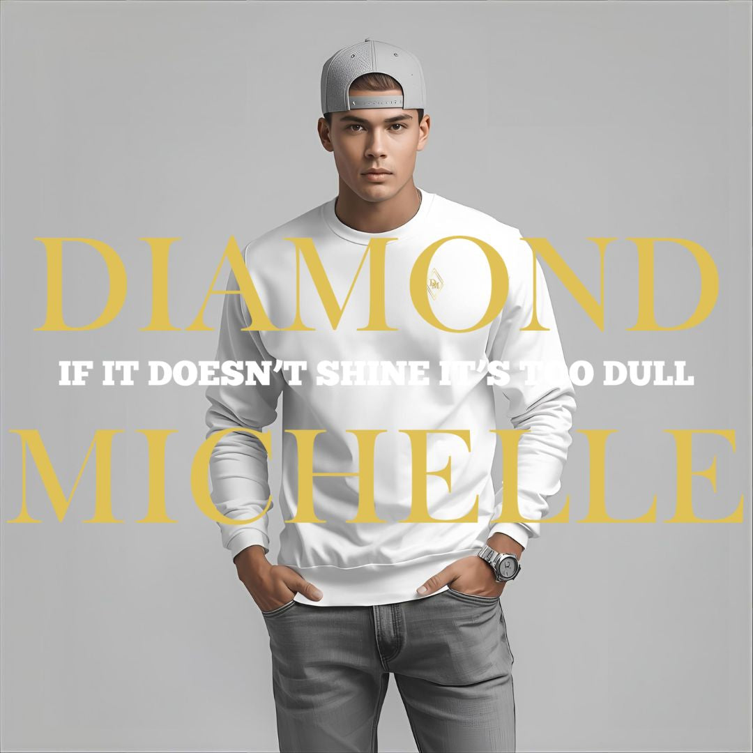 A man wearing a white sweater and the grey Diamond Michelle Snapback Hat from Diamond Michelle.