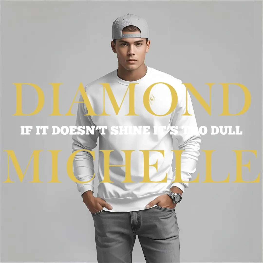 A man wearing a white sweater and the grey Diamond Michelle Snapback Hat from Diamond Michelle.