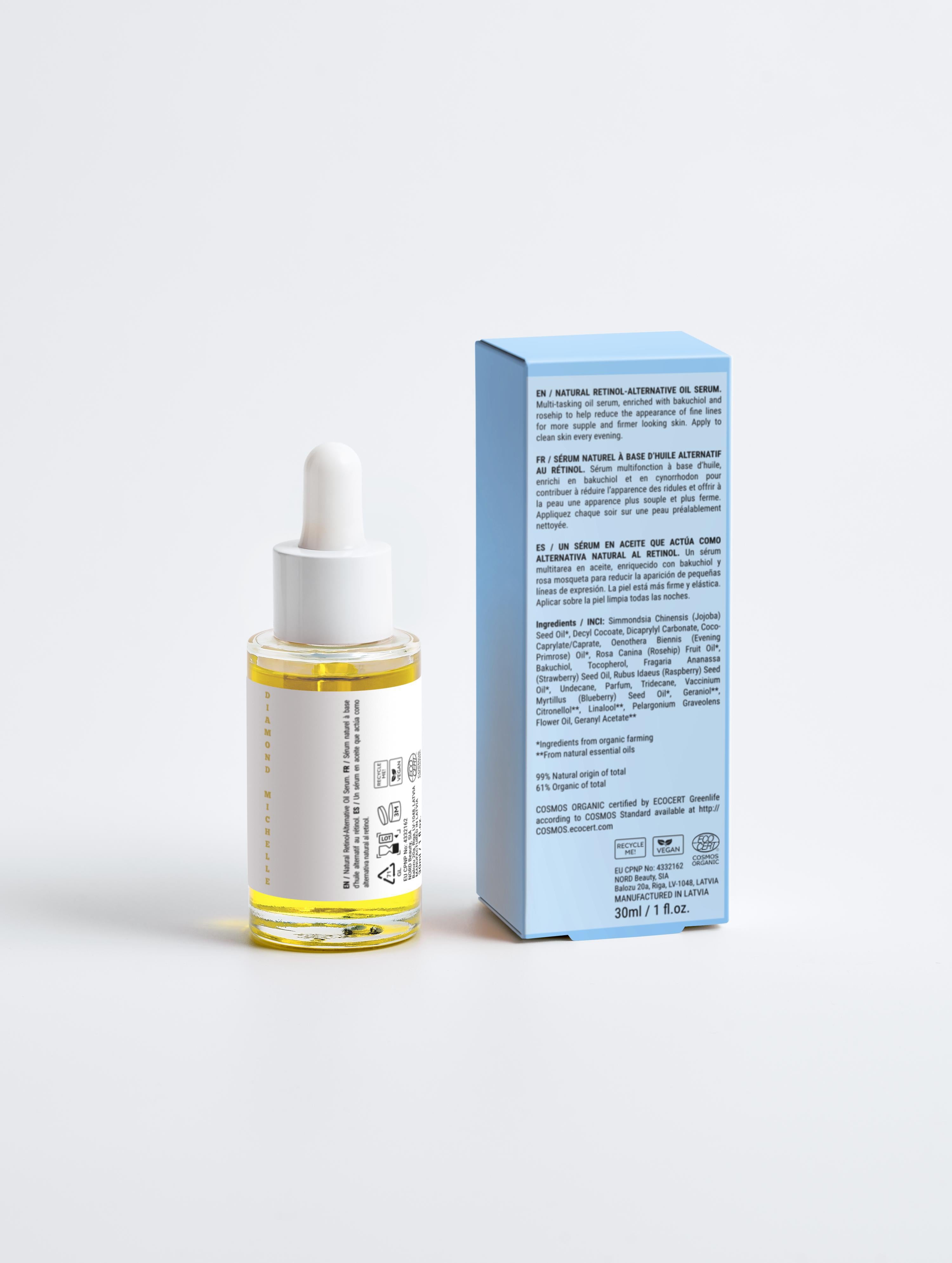 Skincare serum bottle with dropper and its packaging on a light gray background