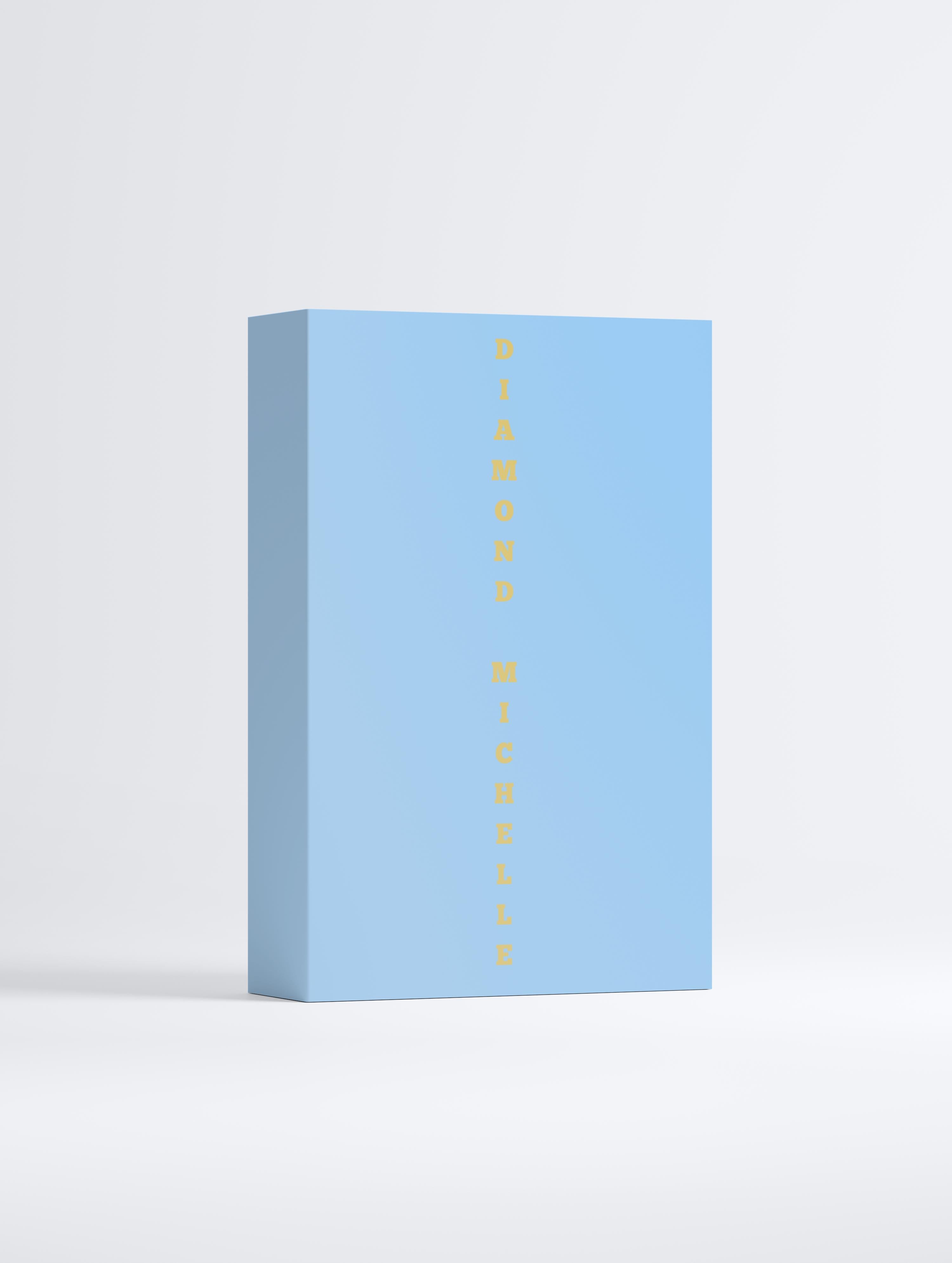 Blue box with gold accents on a light gray background