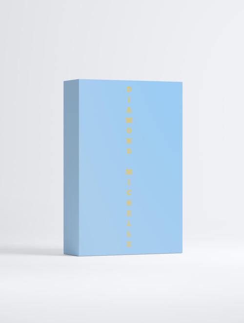Blue box with gold accents on a light gray background