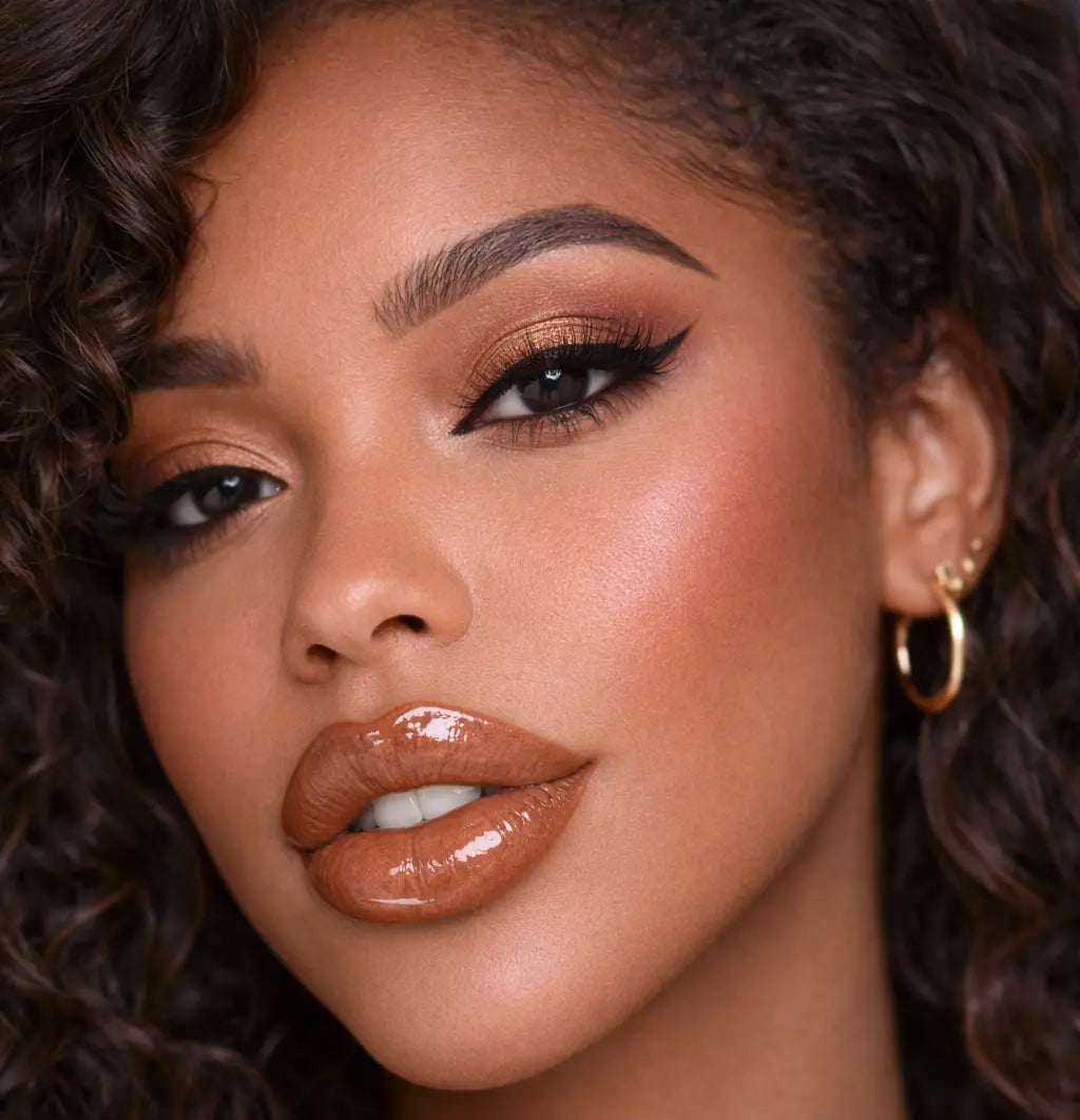 Close-up of a brown skin woman with curly hair wearing diamond glow hot cocoa lip gloss