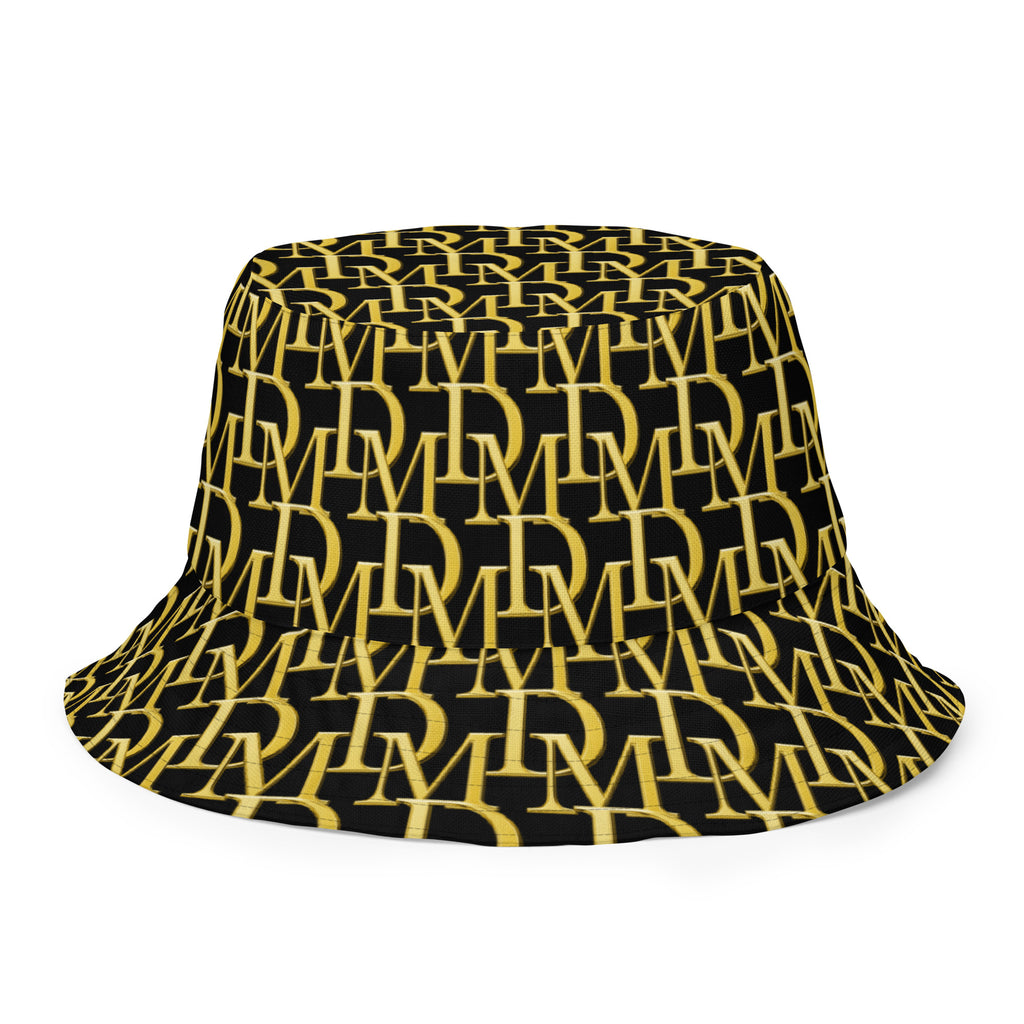 Black bucket hat with gold pattern on a white background