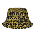 Black bucket hat with gold pattern on a white background