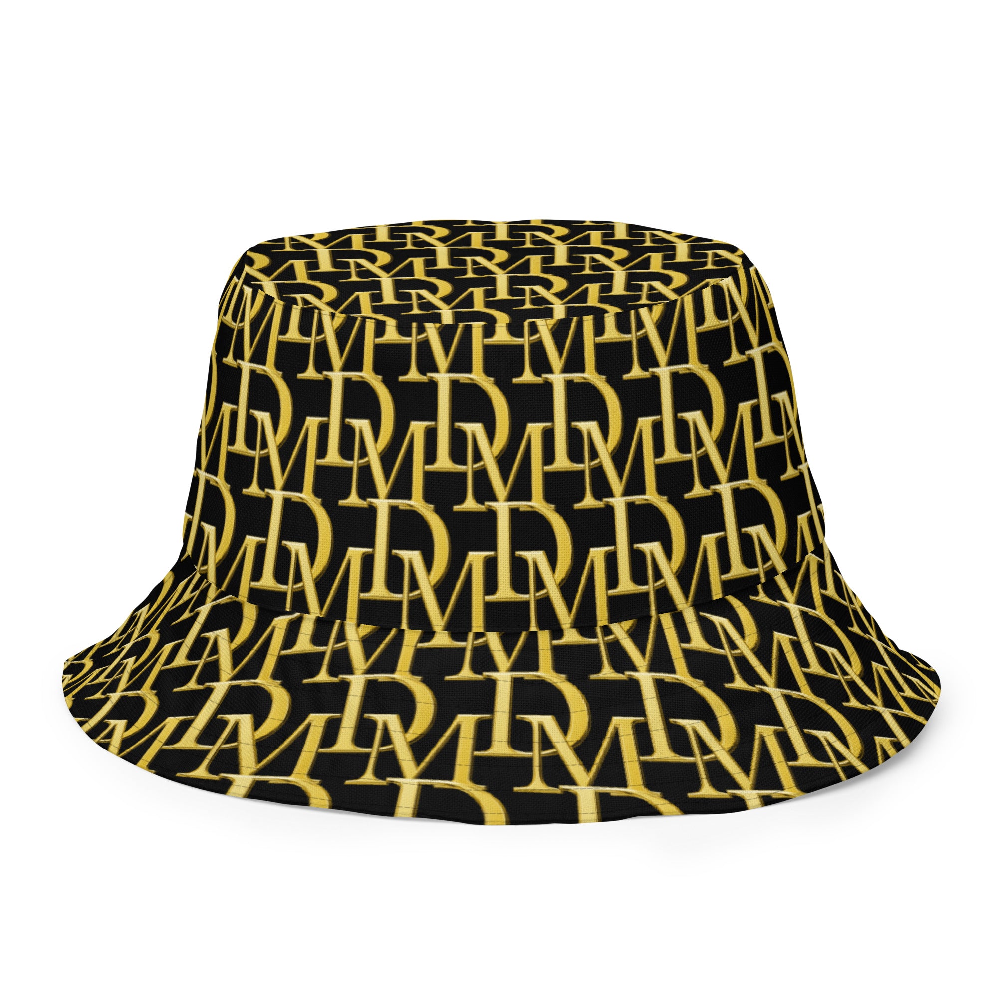 Black bucket hat with gold pattern on a white background