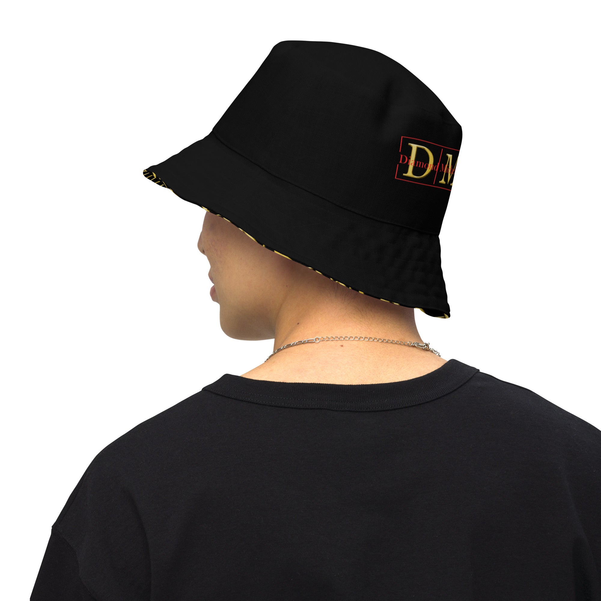 Person wearing a black bucket hat with a logo on a white background