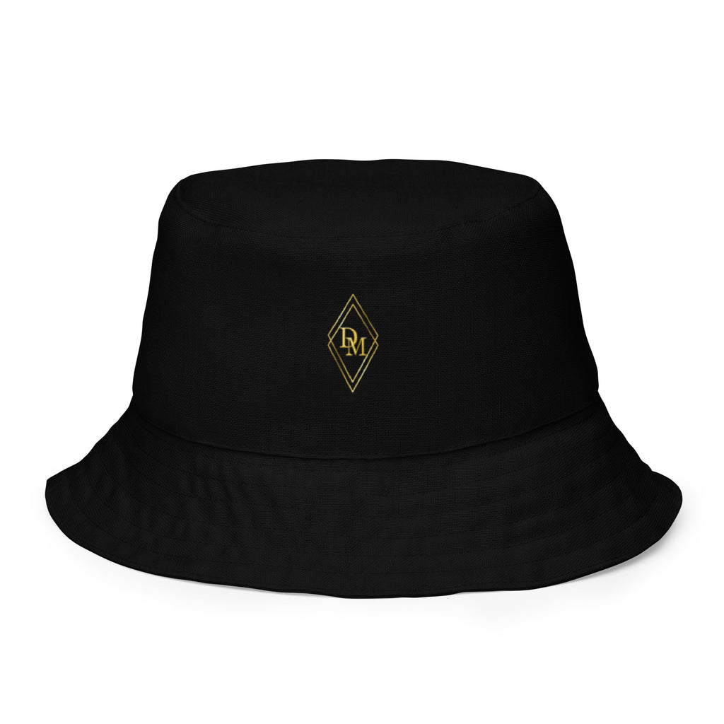 Black bucket hat with a gold logo on a white background