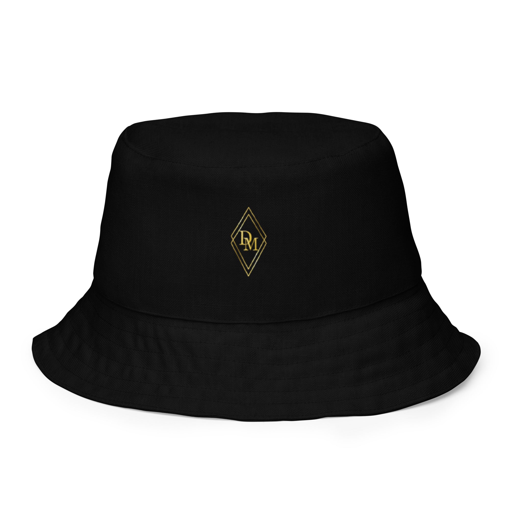 Black bucket hat with a gold logo on a white background