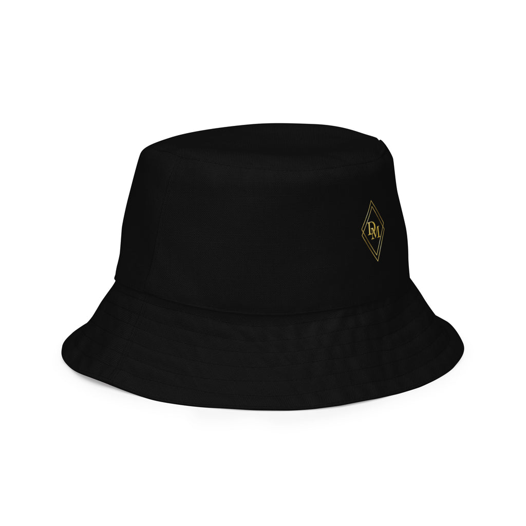 Black bucket hat with a logo on a white background
