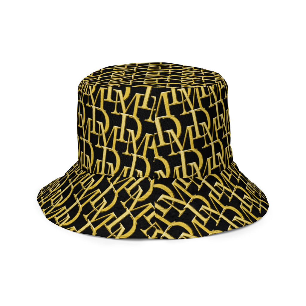 Black bucket hat with a gold pattern on a white background