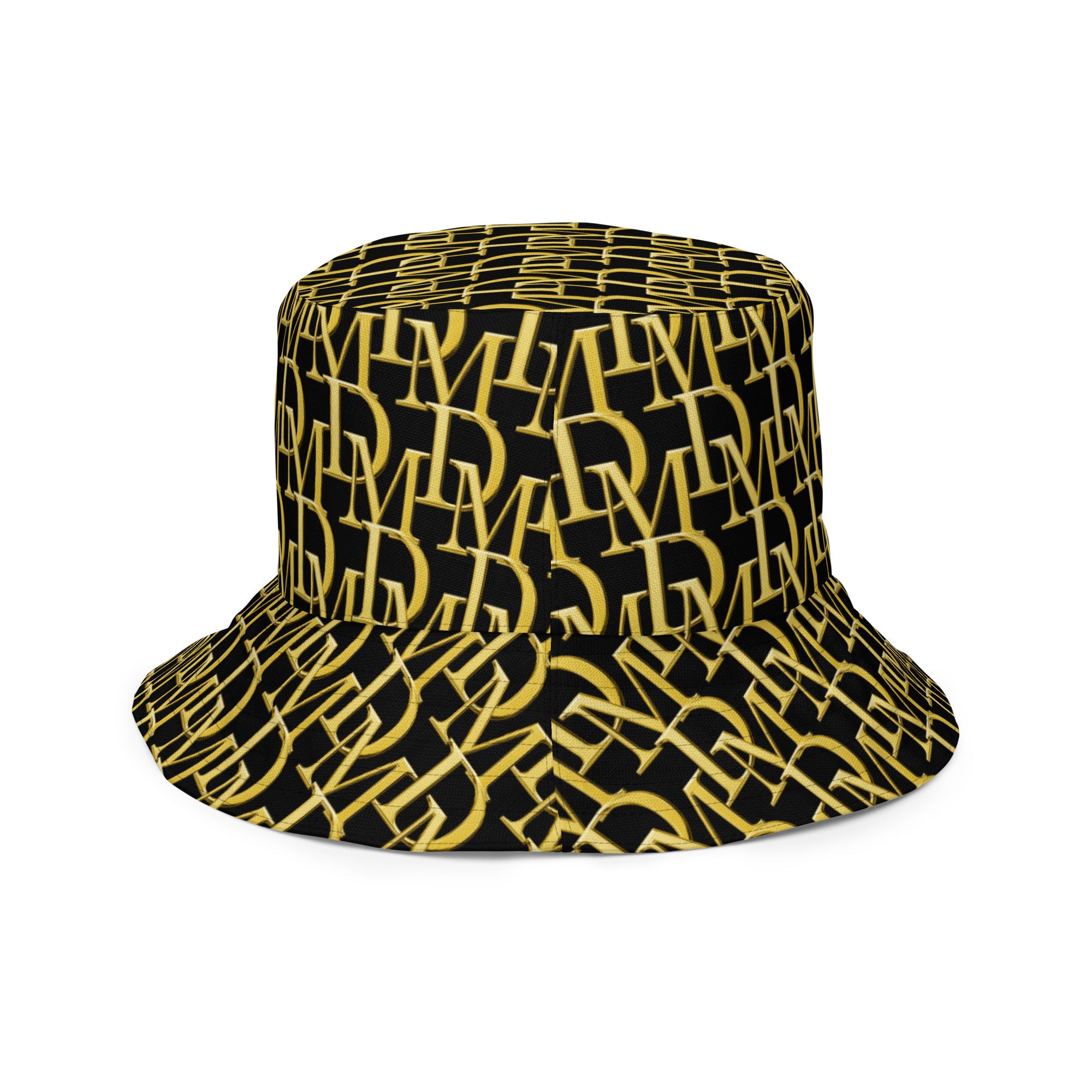 Black bucket hat with a gold pattern on a white background
