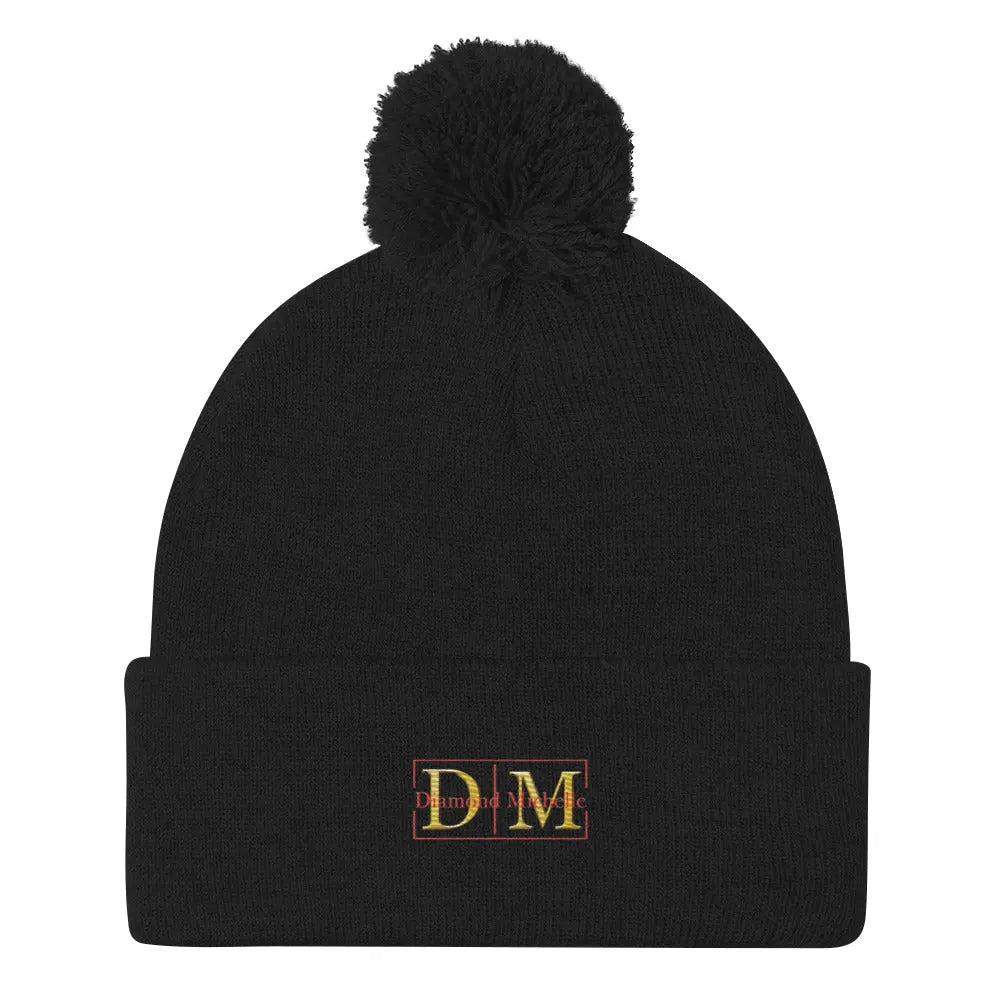 DM Pom-Pom Beanie flat black front view on a white background