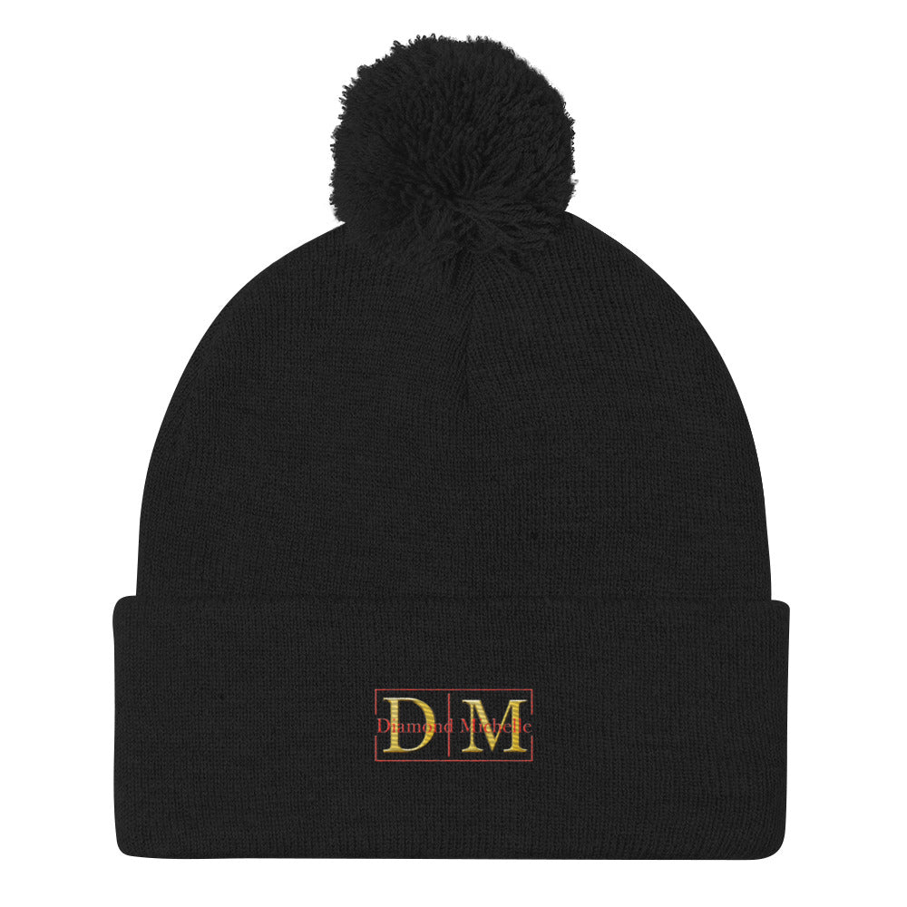 DM Pom-Pom Beanie flat black front view on a white background
