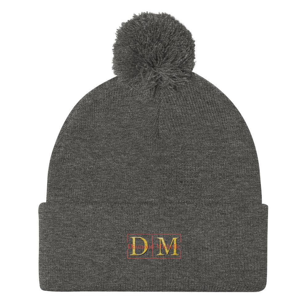 Flat front view of a dark heather grey DM Pom-Pom Beanie on a white background